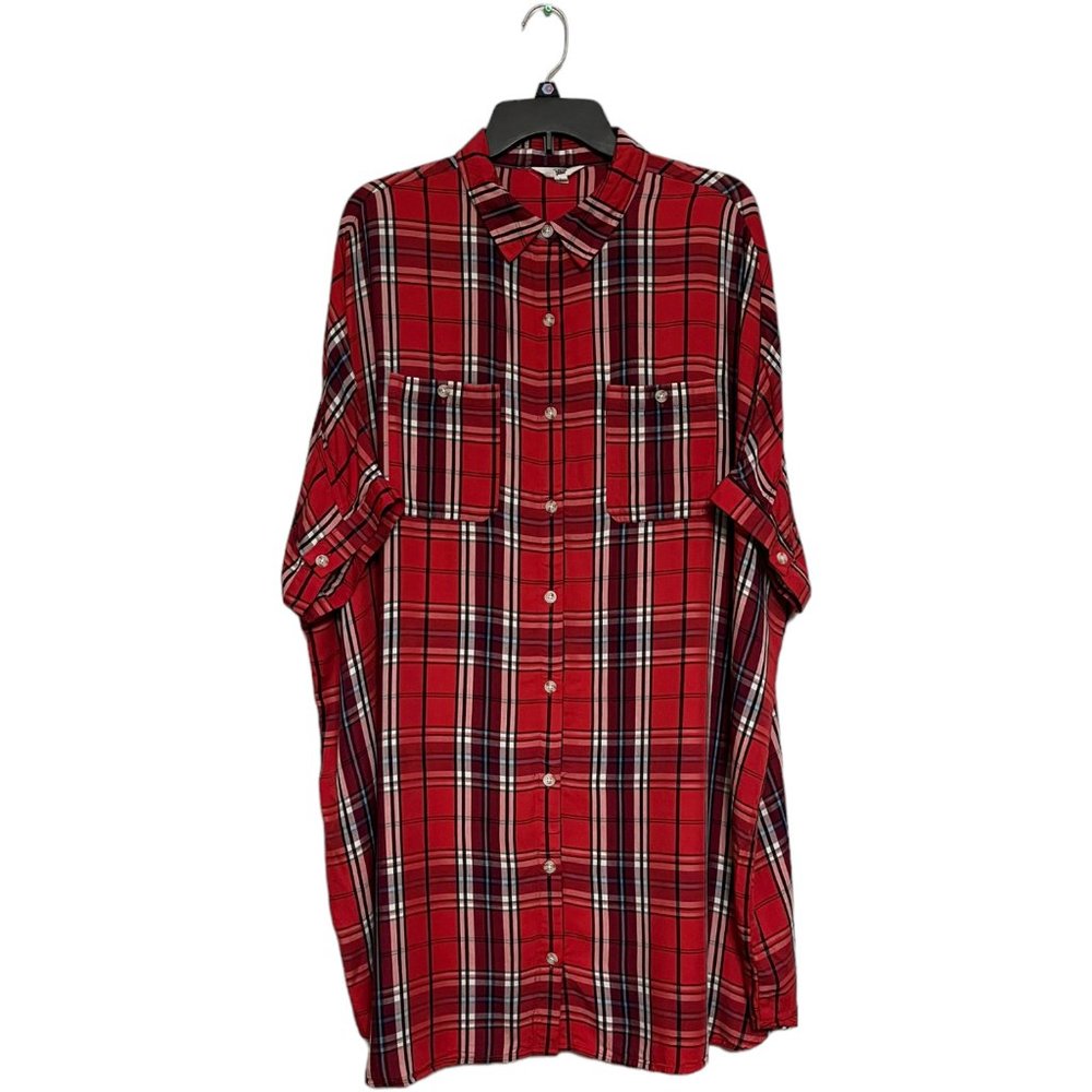 Ascot and Hart Red Plaid Button-Up Oversized Dress